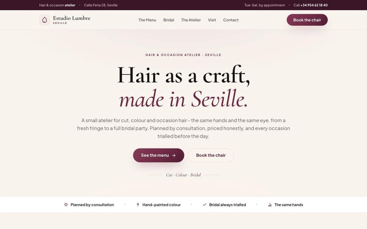 Estudio Lumbre website - hair & occasion atelier homepage