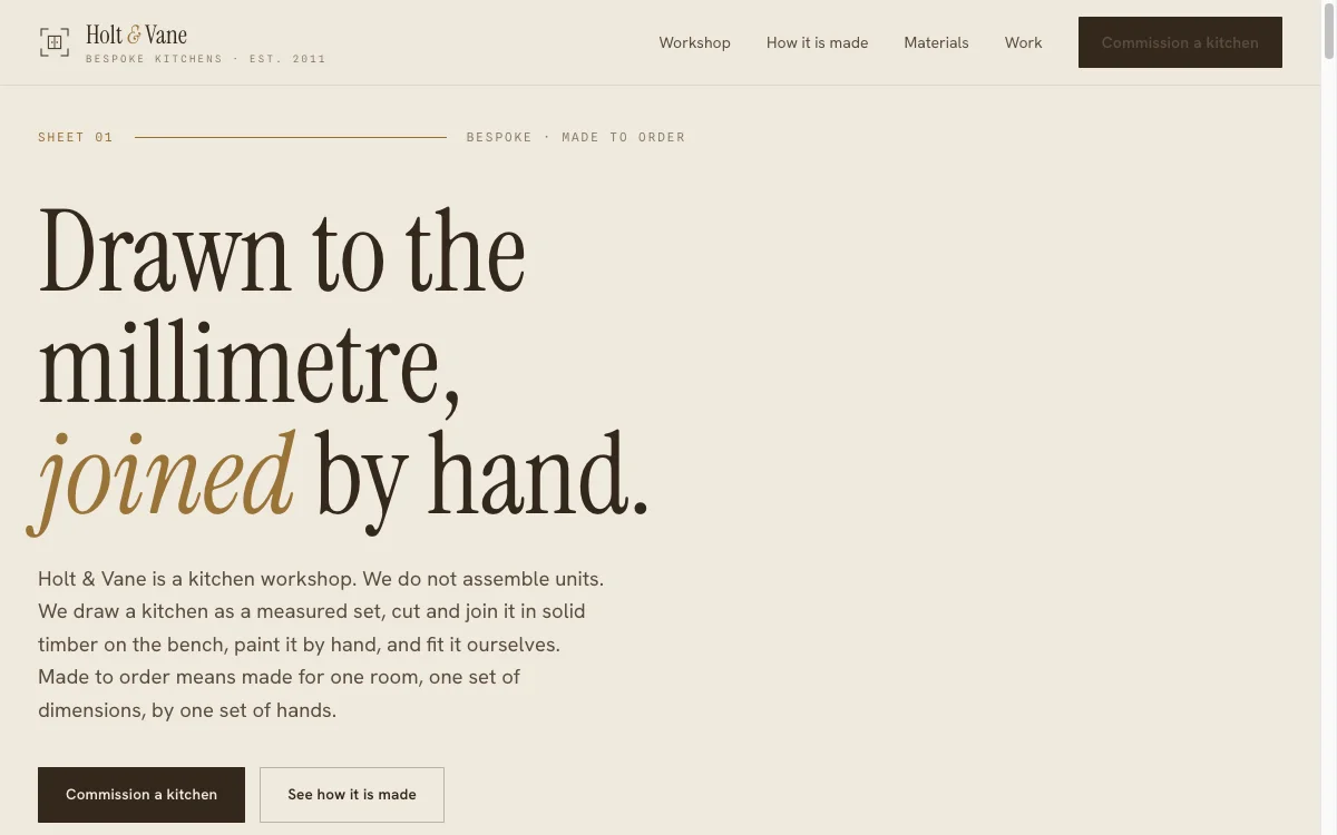 Holt & Vane website - bespoke kitchens homepage