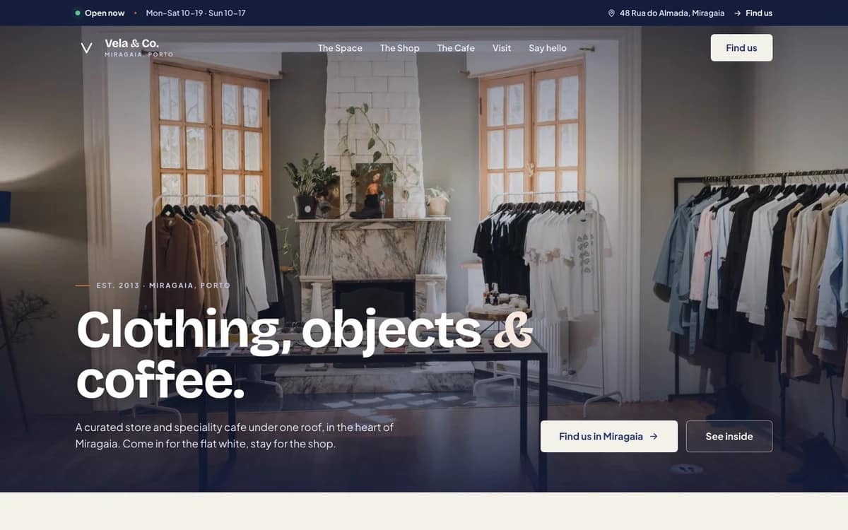 Vela & Co. website - lifestyle store & cafe homepage
